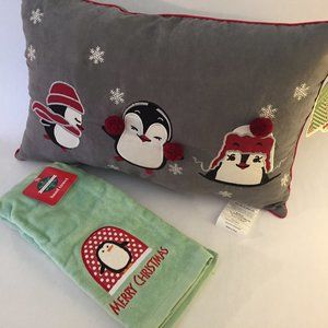 NWT Festive Penguin Pillow & Hand Towel